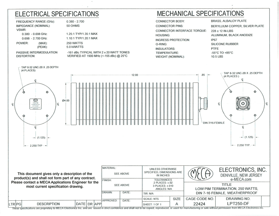 LPT250-DF 250W Low PIM Termination electrical specs