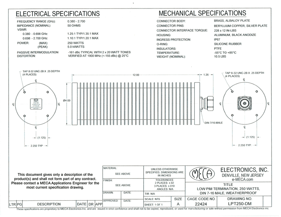 LPT250-DM Low PIM Termination Load electrical specs