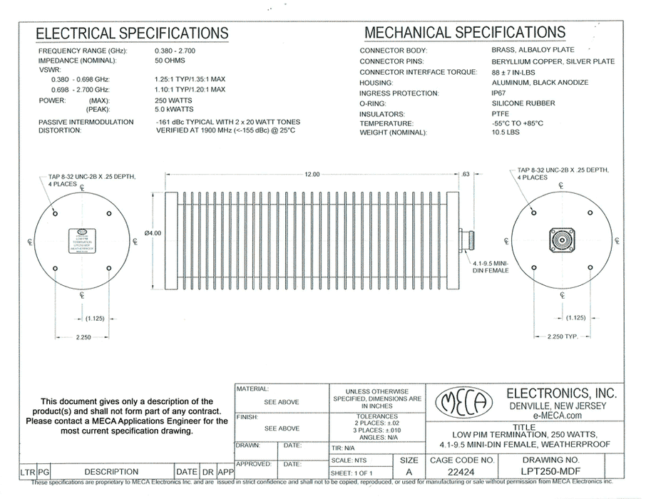 LPT250-MDF Low PIM Termination Load electrical specs