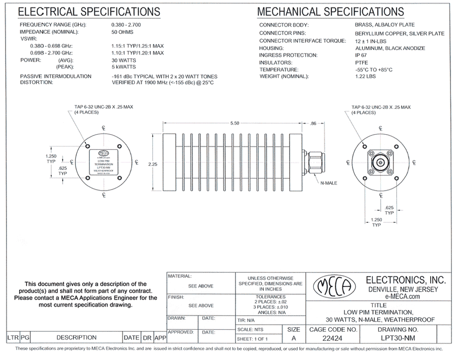 LPT30-NM 30 Watts Low PIM Load electrical specs