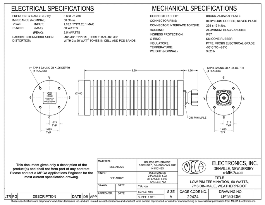 LPT50-DM Low PIM Termination electrical specs