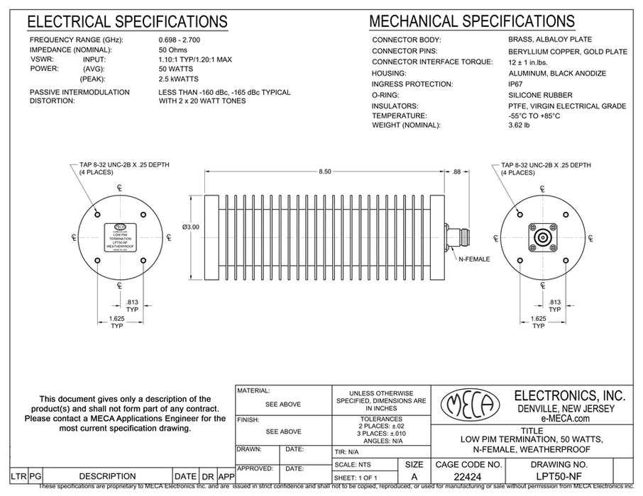 LPT50-NF Low PIM Termination electrical specs