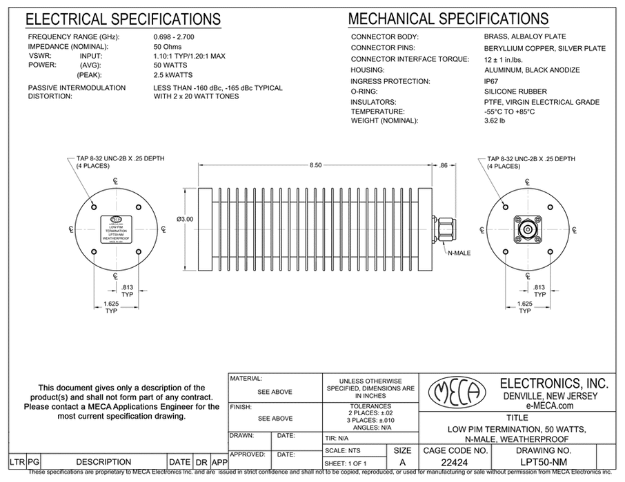 LPT50-NM Low PIM Termination electrical specs