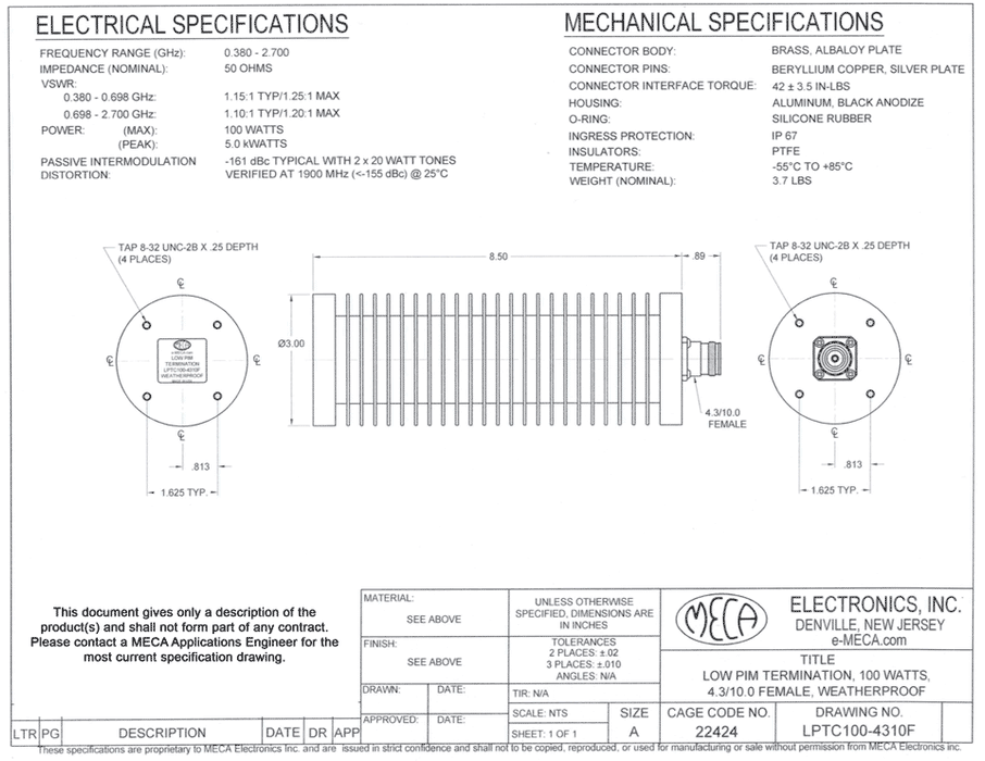 LPTC100-4310F Low PIM RF Termination electrical specs