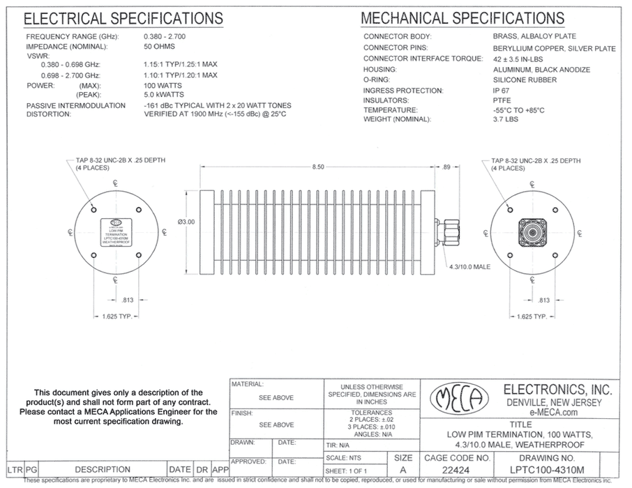 LPTC100-4310M 100 Watts Low PIM Termination electrical specs