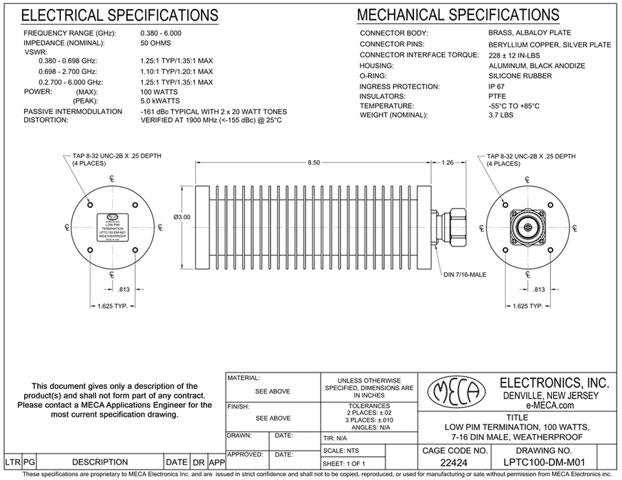 LPTC100-DM-M01 100W Low PIM Termination electrical specs