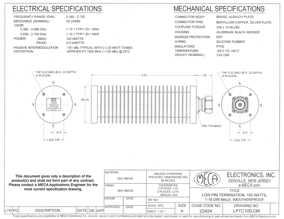 LPTC100-DM 100 Watts Low PIM Termination electrical specs