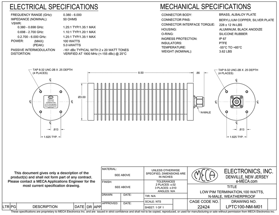 LPTC100-NM-M01 100 Watts Low PIM Termination electrical specs