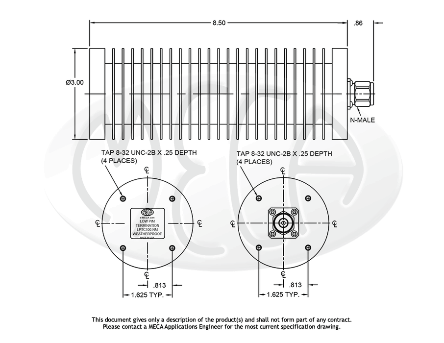 LPTC100-NM Low PIM RF Terminations N-Male connectors drawing