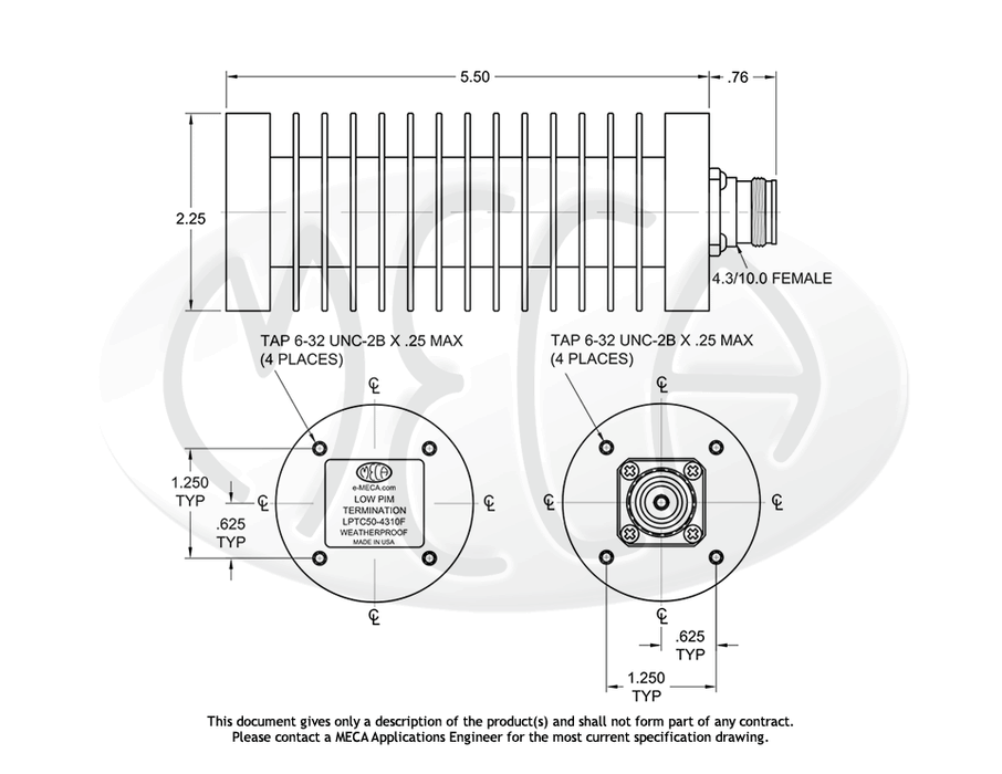 LPTC50-4310F Low PIM Termination 50 Watts 4.3/10.0 Female connectors drawing