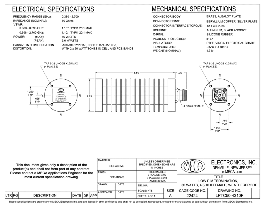 LPTC50-4310F Low PIM Termination 50 Watts electrical specs