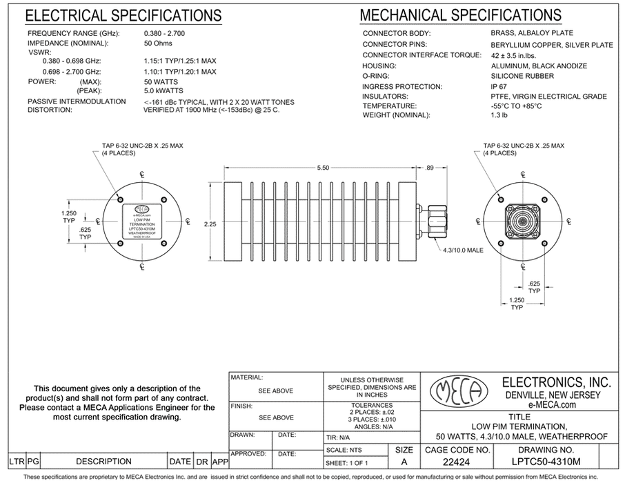 LPTC50-4310M Low PIM Termination Load electrical specs