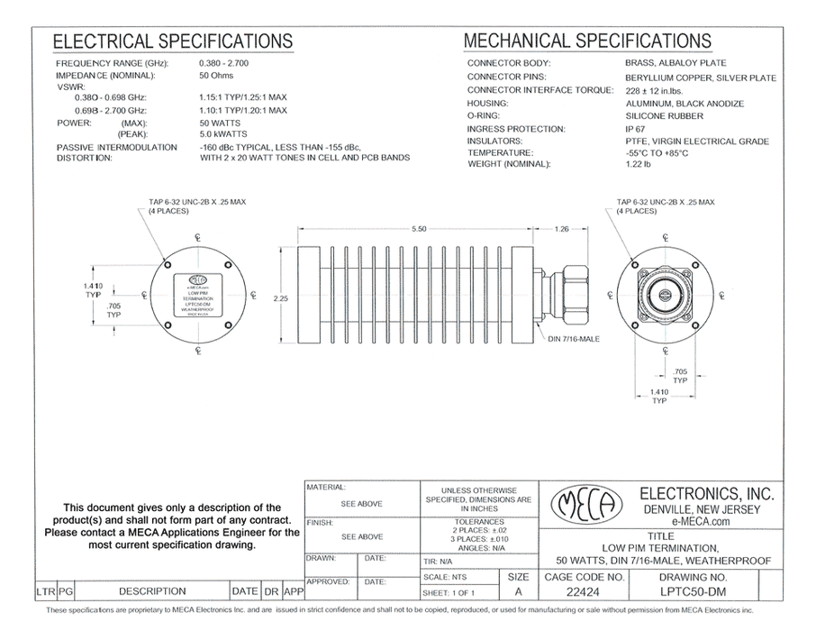 LPTC50-DM Low PIM RF Termination electrical specs