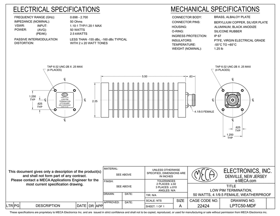 LPTC50-MDF Low PIM Termination electrical specs