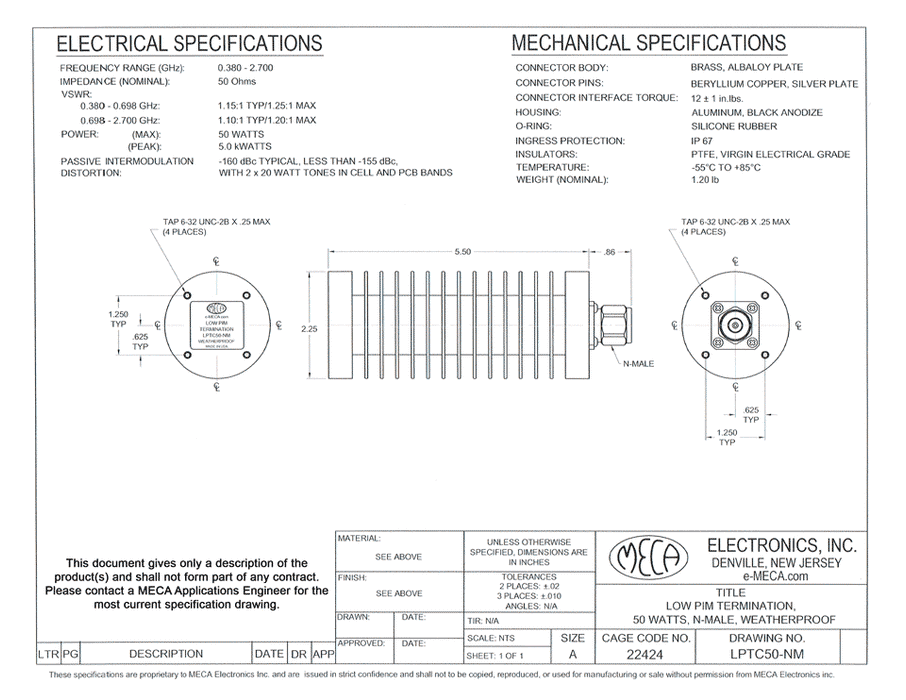 LPTC50-NM Low PIM Termination electrical specs