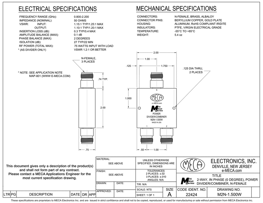 M2N-1.500W 2 W N-F Power Divider electrical specs