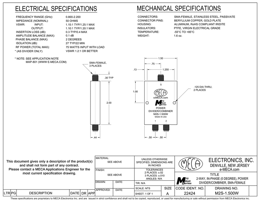 M2S-1.500W 2-W SMA-Female Power Divider electrical specs