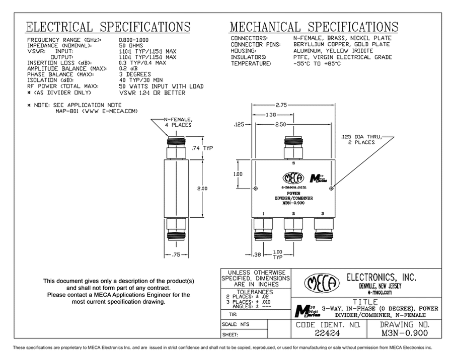 M3N-0.900 3-W N-Female Power Divider electrical specs
