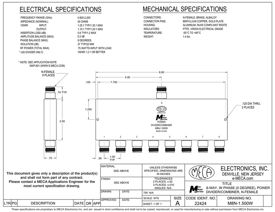 M8N-1.500W 8-W N-Female Power Divider electrical specs