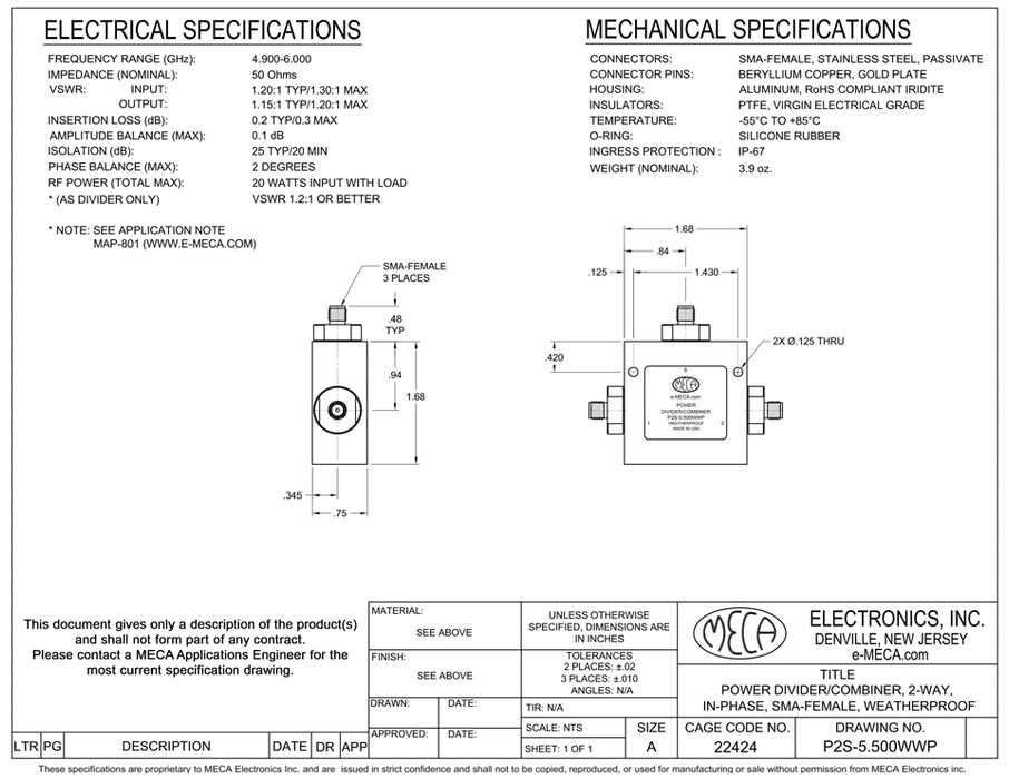 P2S-5.500WWP 2-W SMA-F Power Divider electrical specs