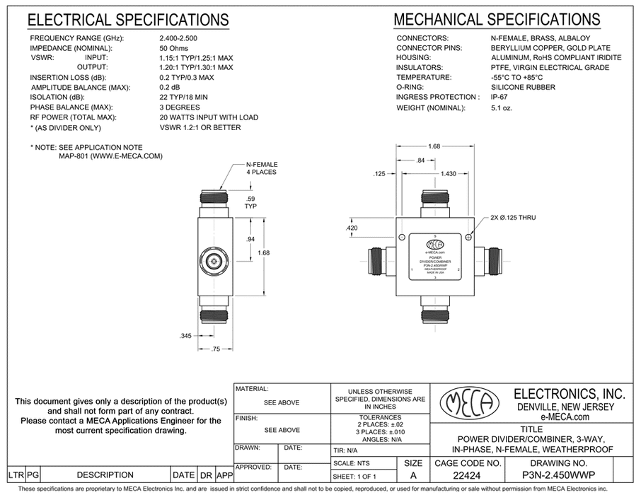 P3N-2.450WWP 3-W N-Female Power Dividers electrical specs