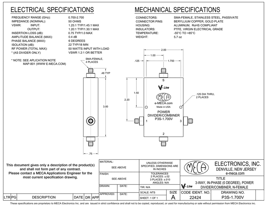 P3S-1.700V 3-W S-F Power Divider electrical specs