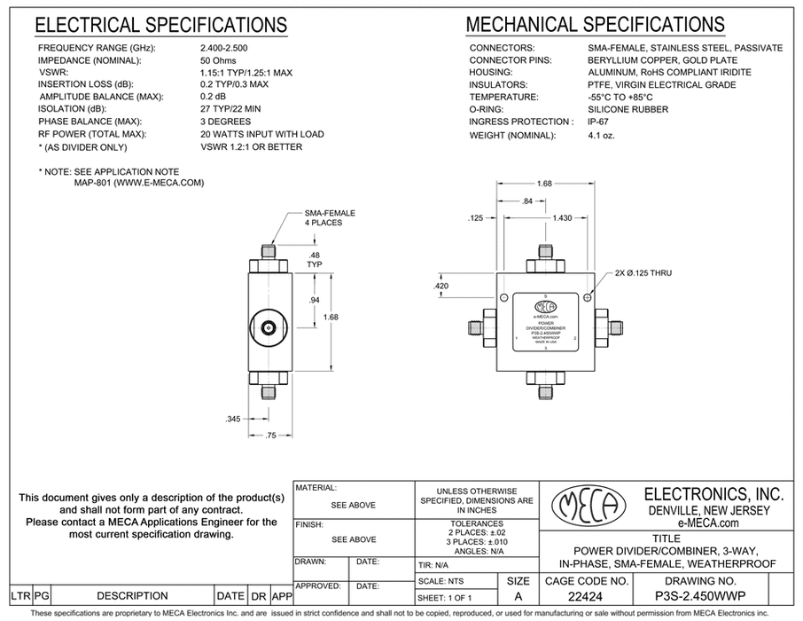 P3S-2.450WWP 3W S-F Power Divider electrical specs