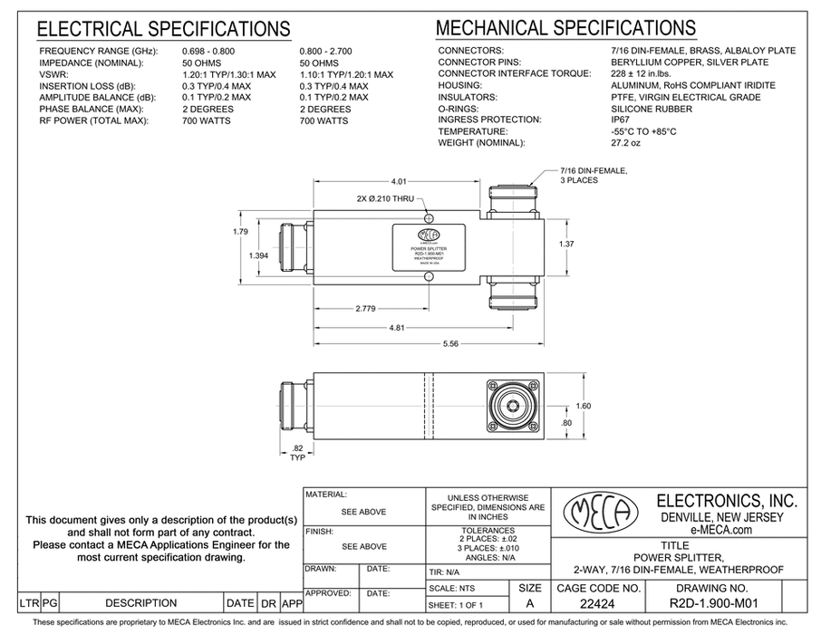 R2D-1.900-M01 Power Splitter electrical specs