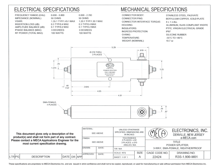 R3S-1.900-M01 RF Power Splitters electrical specs