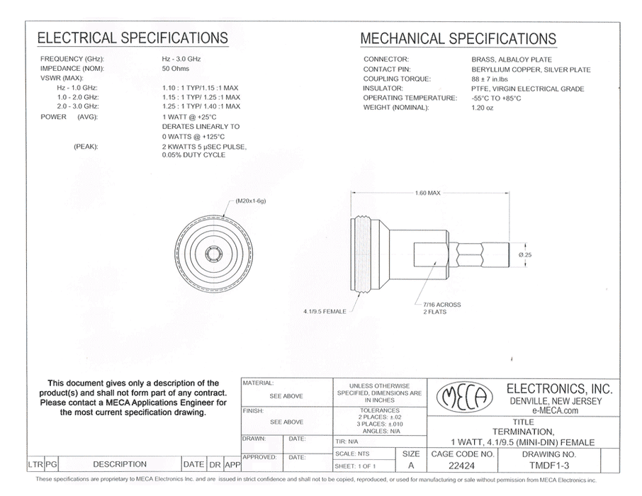 TMDF1-3 Termination electrical specs