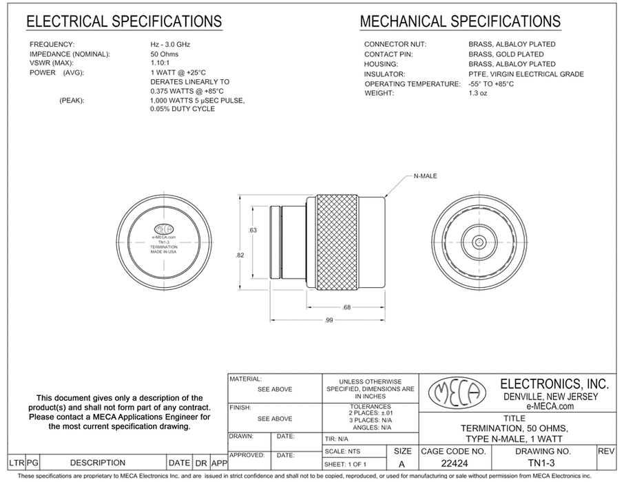 TN1-3 RF-Loads Termination electrical specs