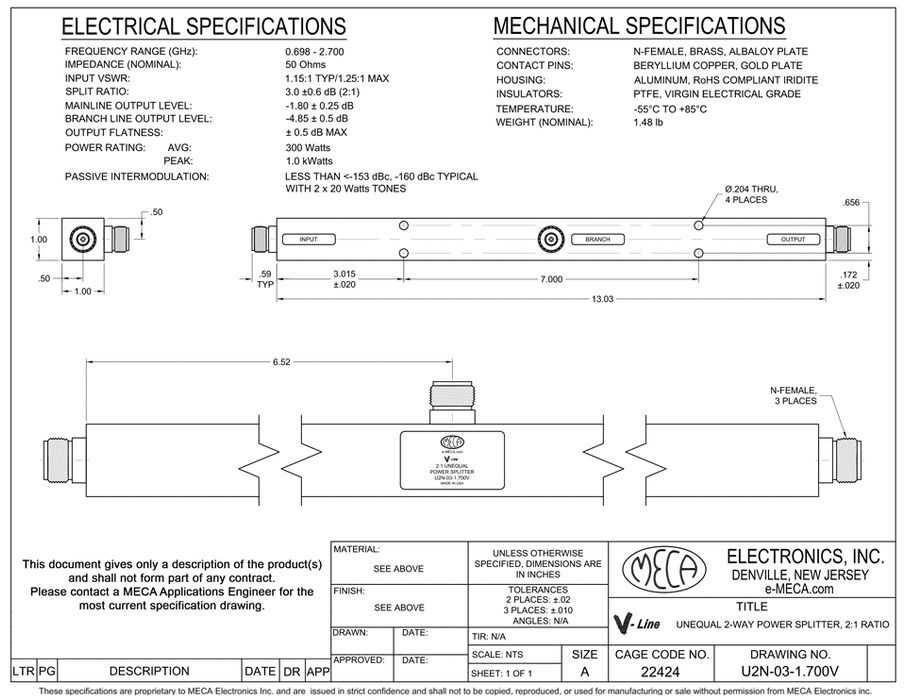 U2N-03-1.700V Unequal Tapper electrical specs