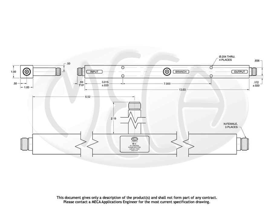U2N-09-1.700V Unequal Split RF Tapper N-Female connectors drawing