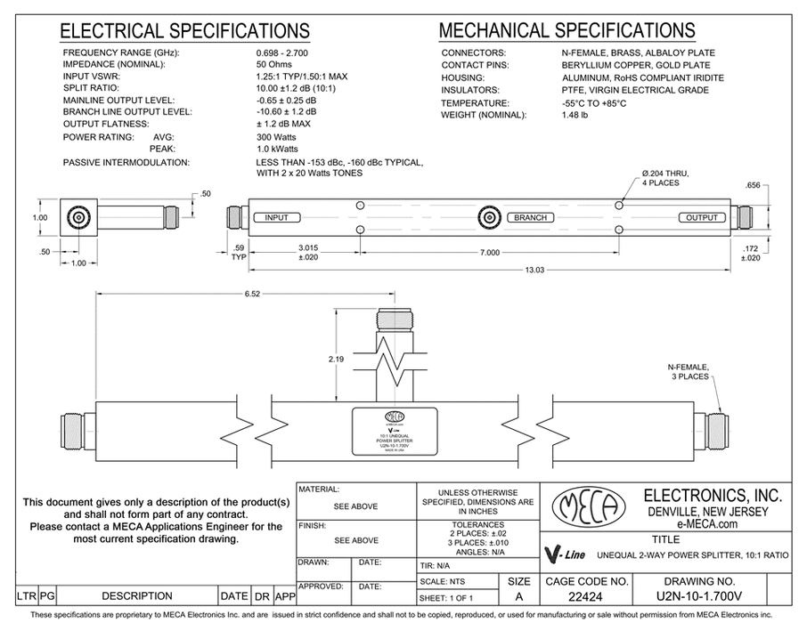 U2N-10-1.700V Unequal Split RF Tappers electrical specs